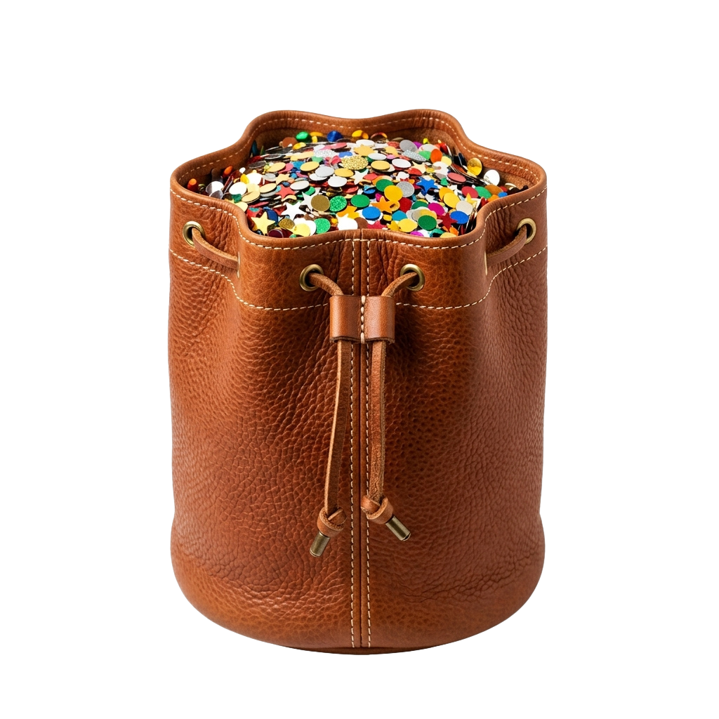 Brown leather pouch with drawstring closure filled with multicolored round candies