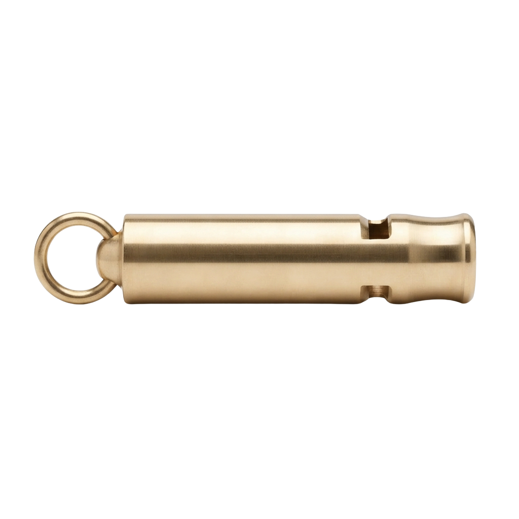 A gold-toned metal whistle pendant attached to a keychain loop