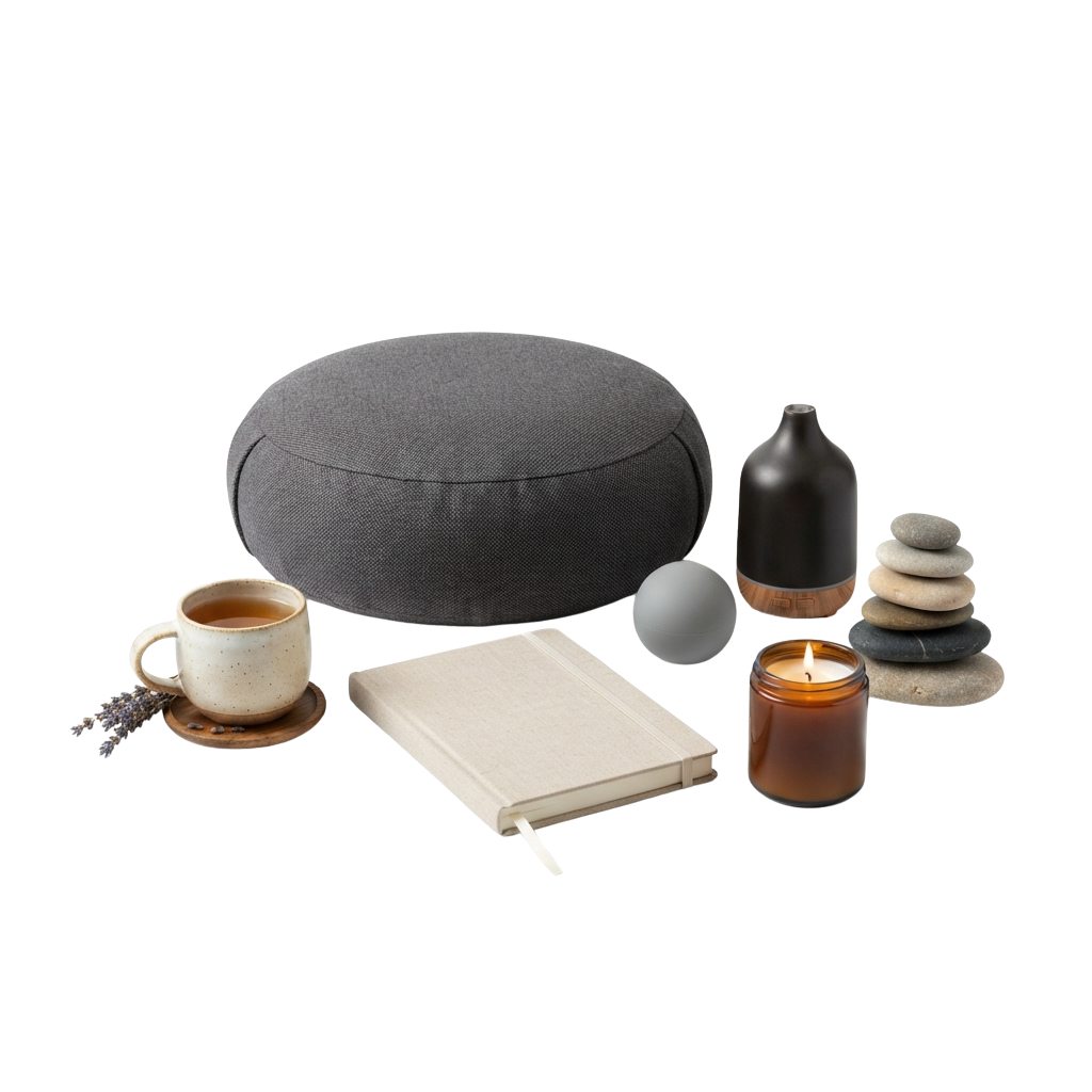 A meditation set featuring a cushion, tea cup with saucer, journal, candle, incense, and stacked stones