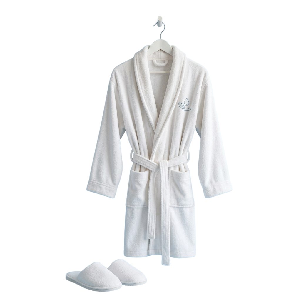 A white hotel-style robe hanging on a hook with matching white slippers placed below on a black background