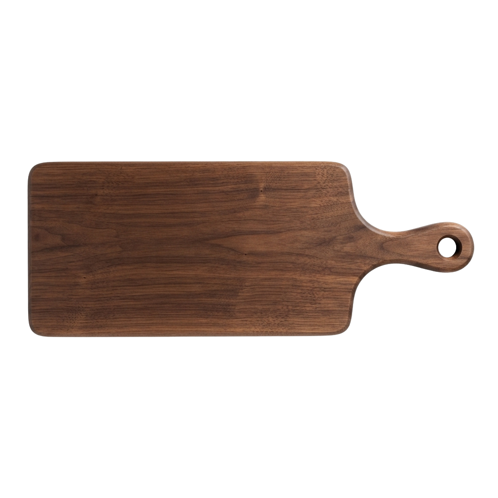 A rectangular wooden cutting board with a smooth, dark finish and a finger hole on the right side