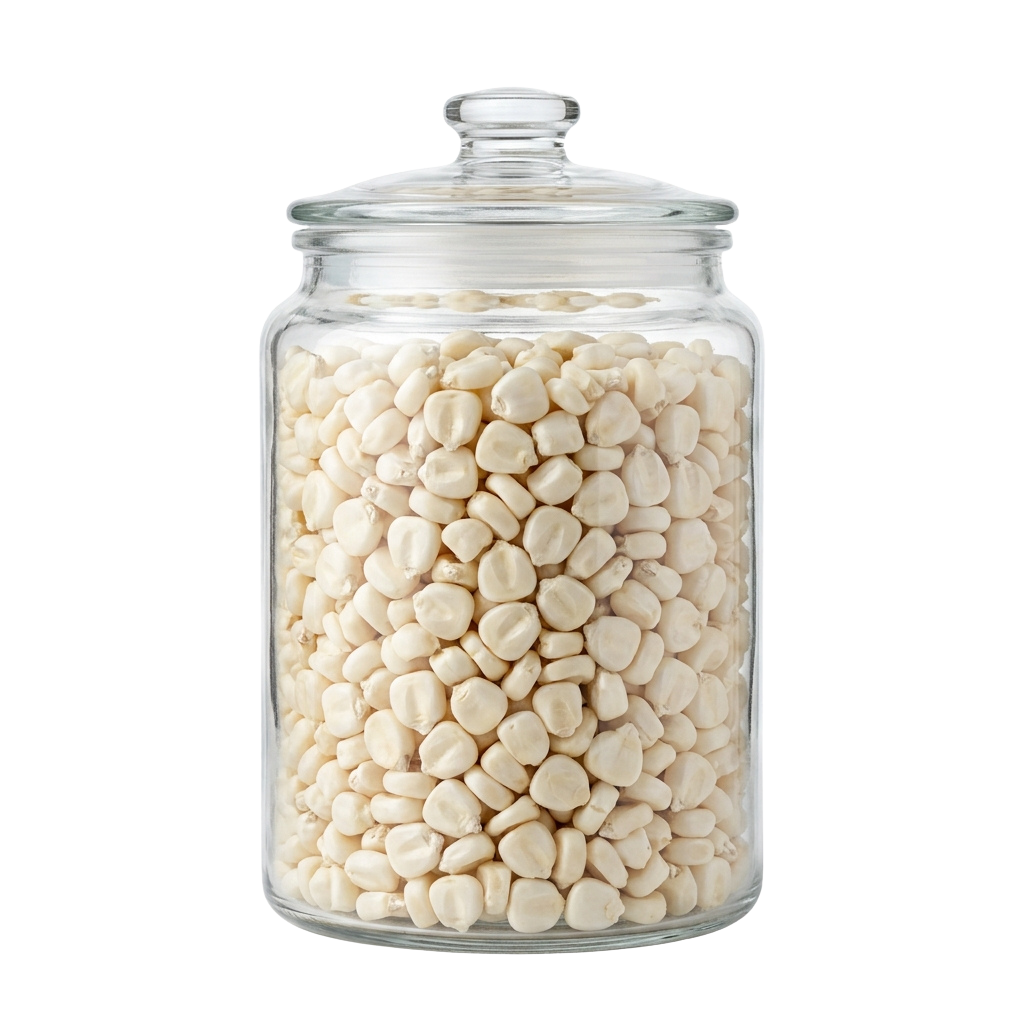 A clear glass jar with a metal lid filled with light-colored dried corn kernels