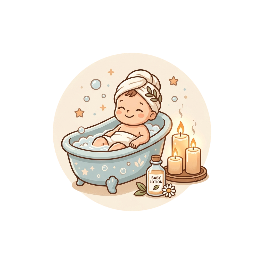 A smiling baby in a bathtub surrounded by bubbles, candles, and baby lotion bottle