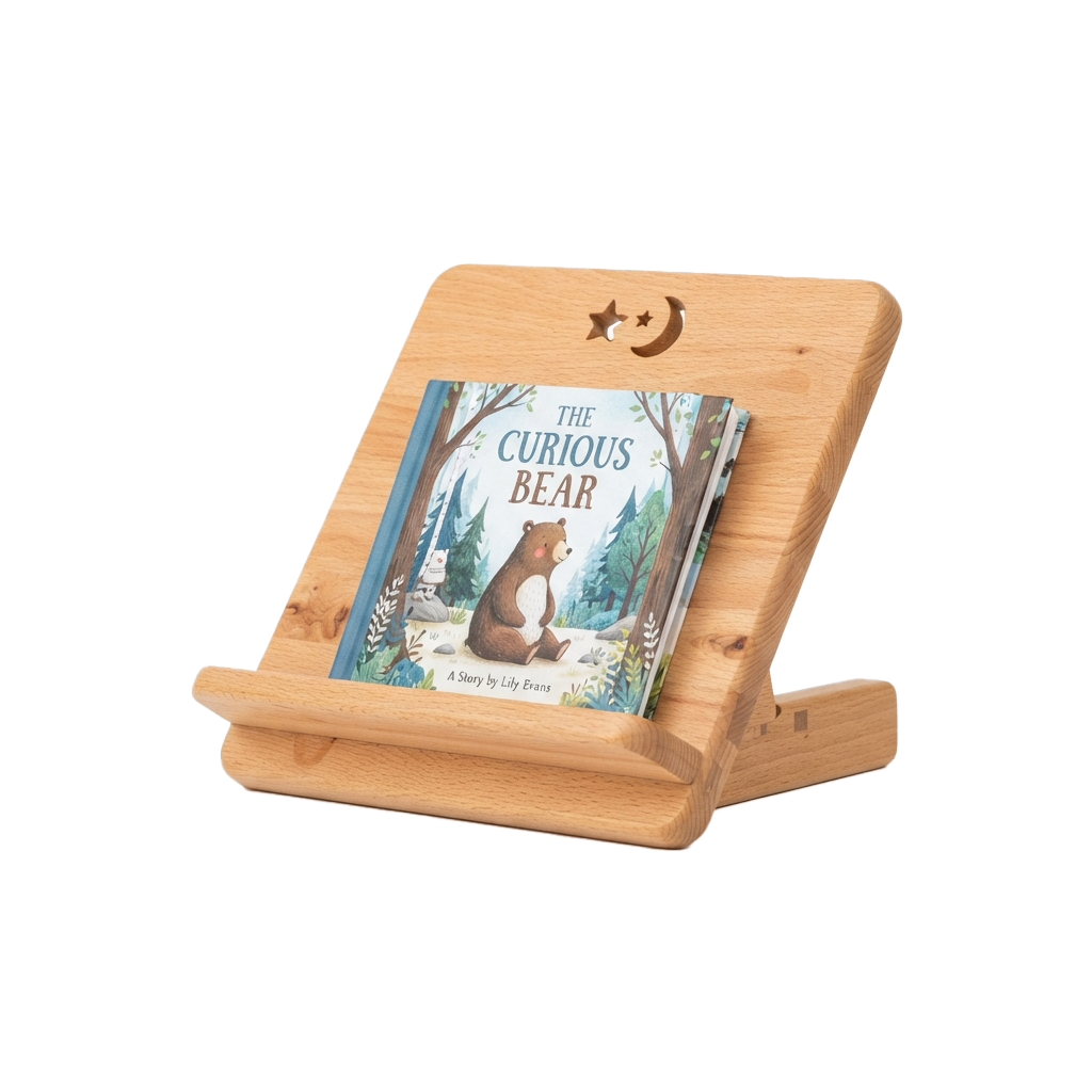 Wooden book stand holding a children's book titled The Curious Bear with an illustration of a bear in a forest