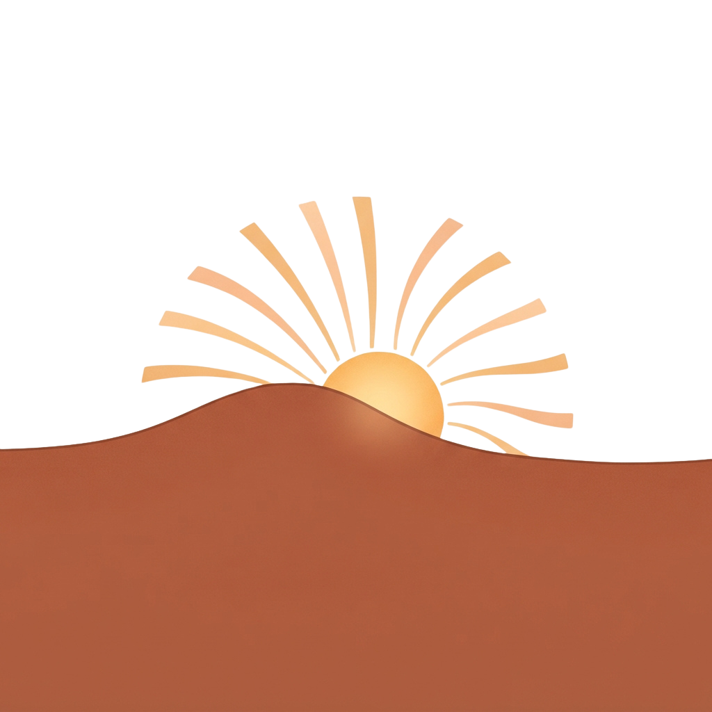 A stylized sun rising over a desert landscape with bright rays extending outward.