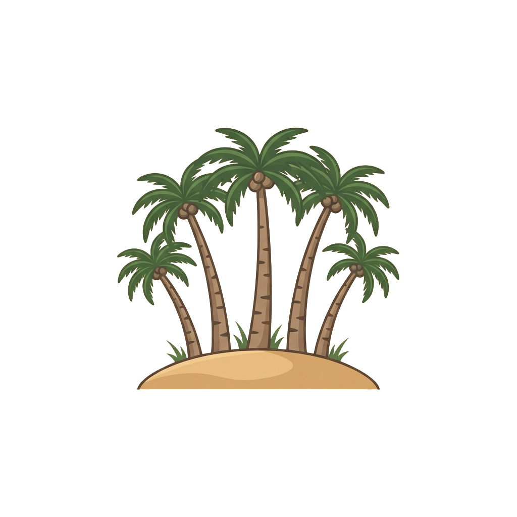 Four cartoon palm trees growing on a small sandy island