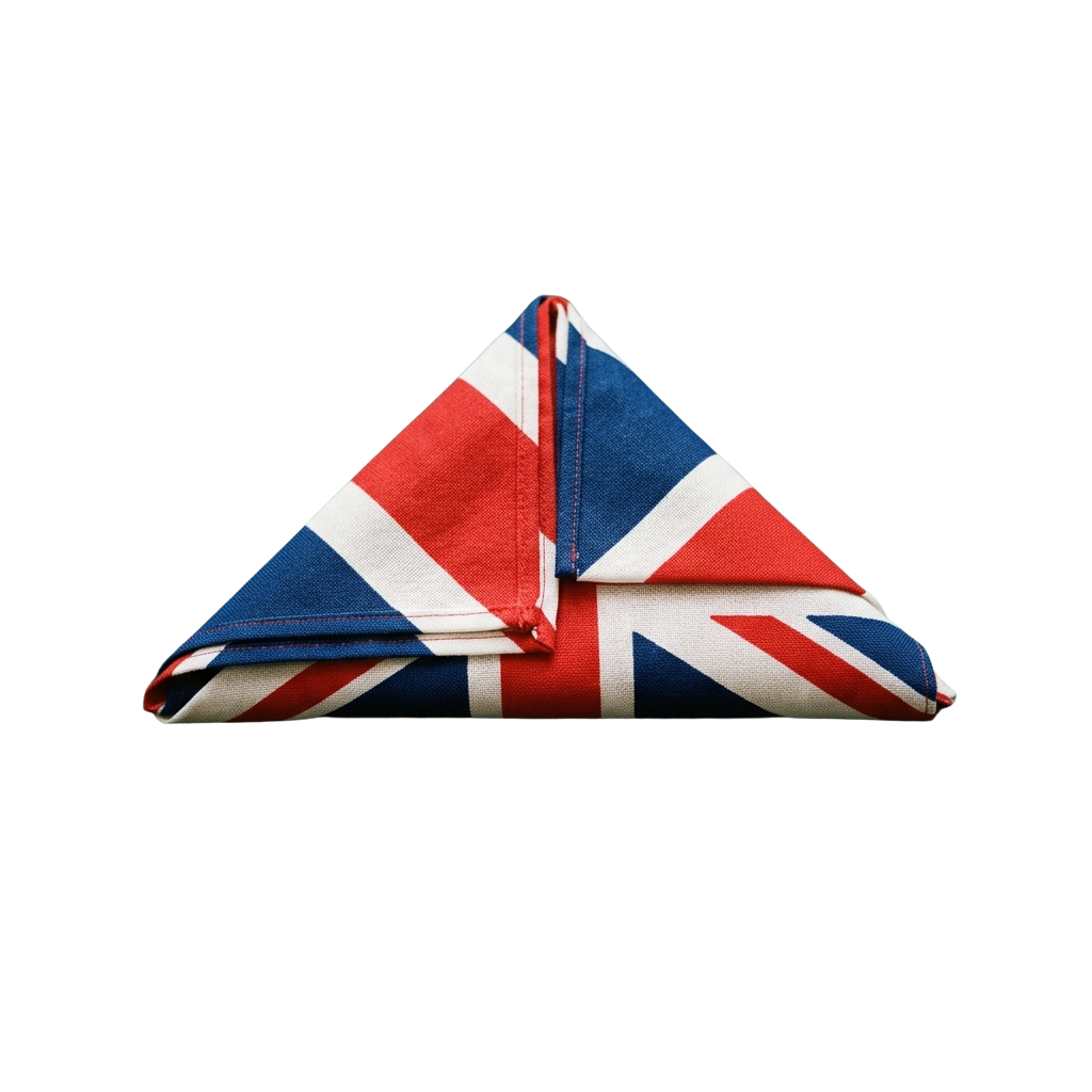 A neatly folded Union Jack flag displayed against a black background
