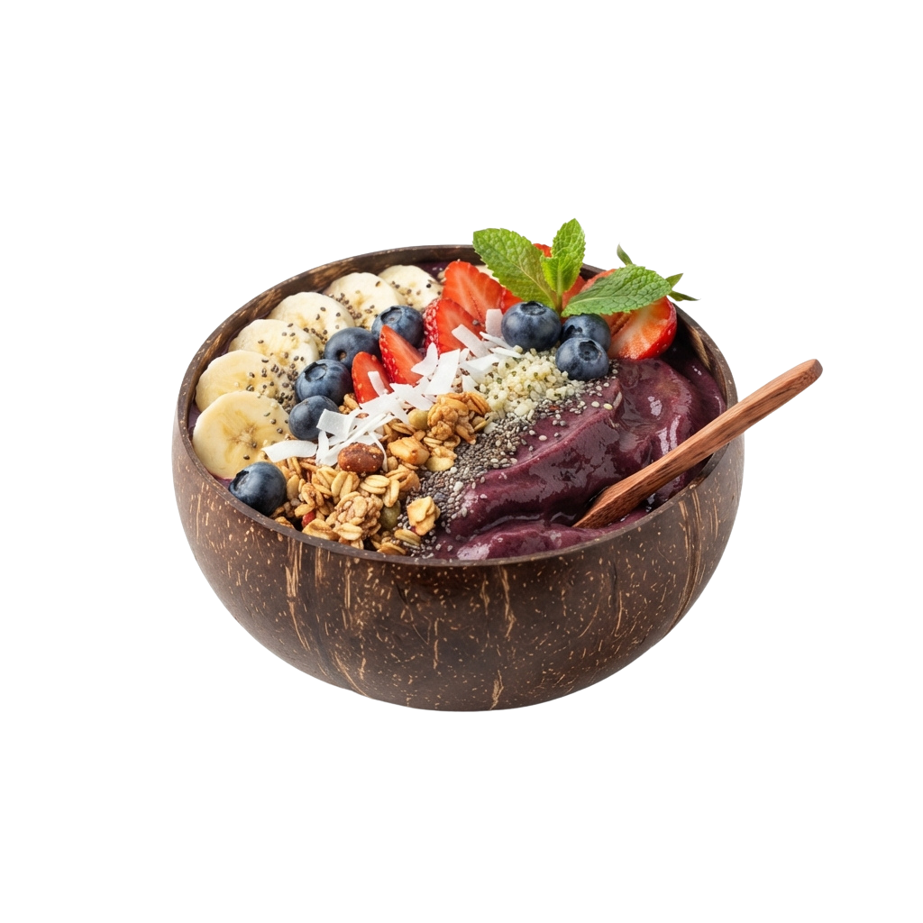 A coconut bowl filled with acai mixture topped with banana slices, blueberries, strawberries, granola, and chia seeds, garnished with mint leaves.