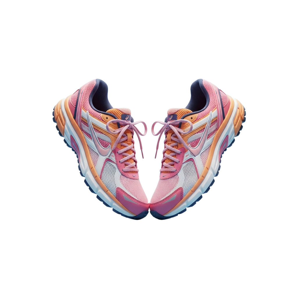 Pair of athletic running shoes in pink, orange, and white with laces and mesh design