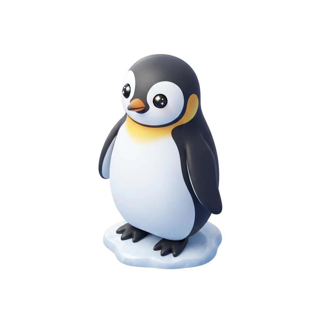 A cheerful cartoon penguin standing upright on a white base against a black background