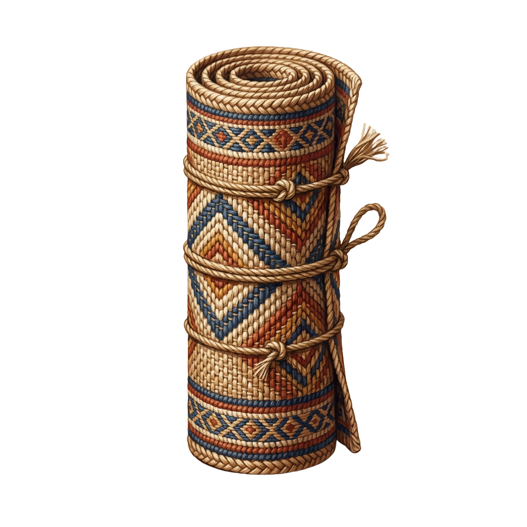 A cylindrical bundle wrapped in intricately woven fabric featuring geometric patterns in cream, orange, and blue tones.