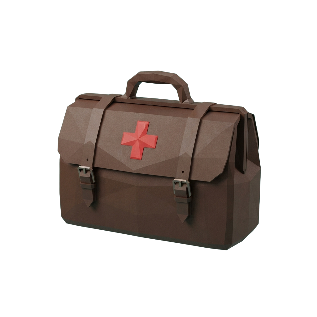 Brown leather briefcase featuring a red cross medical symbol on the front flap
