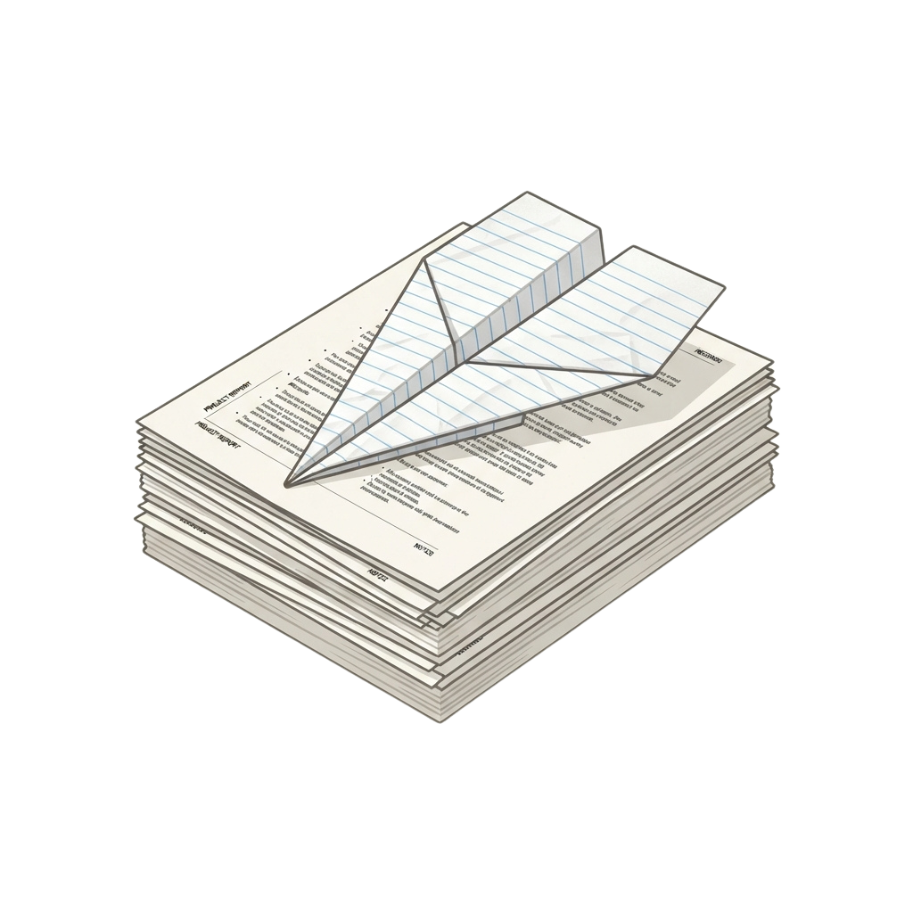 Stack of white lined paper with one document folded open on top