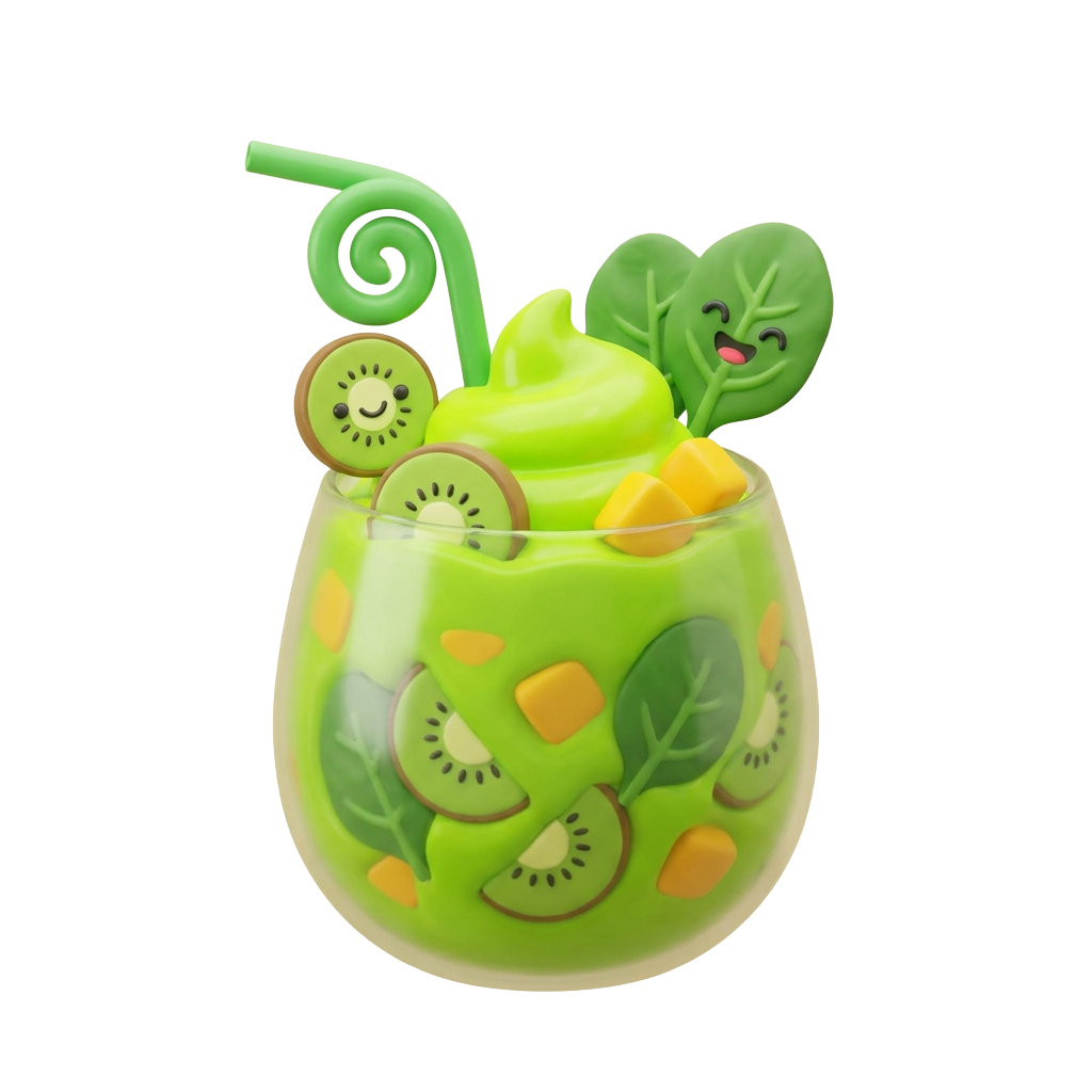 A cartoon-style green kiwi smoothie in a glass with whipped cream, kiwi slices, leaves, and a smiling kiwi fruit straw.