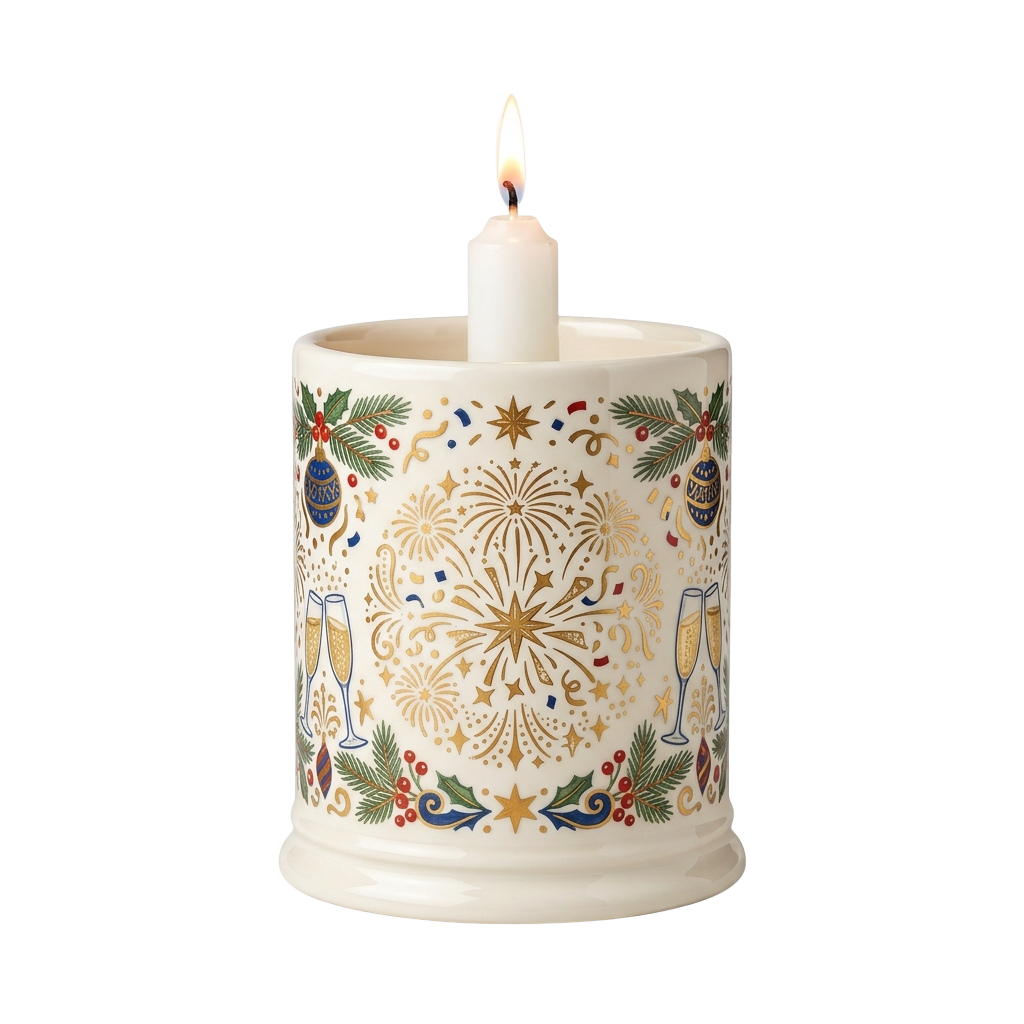 White candle with lit wick featuring gold fireworks, greenery, and champagne glasses design