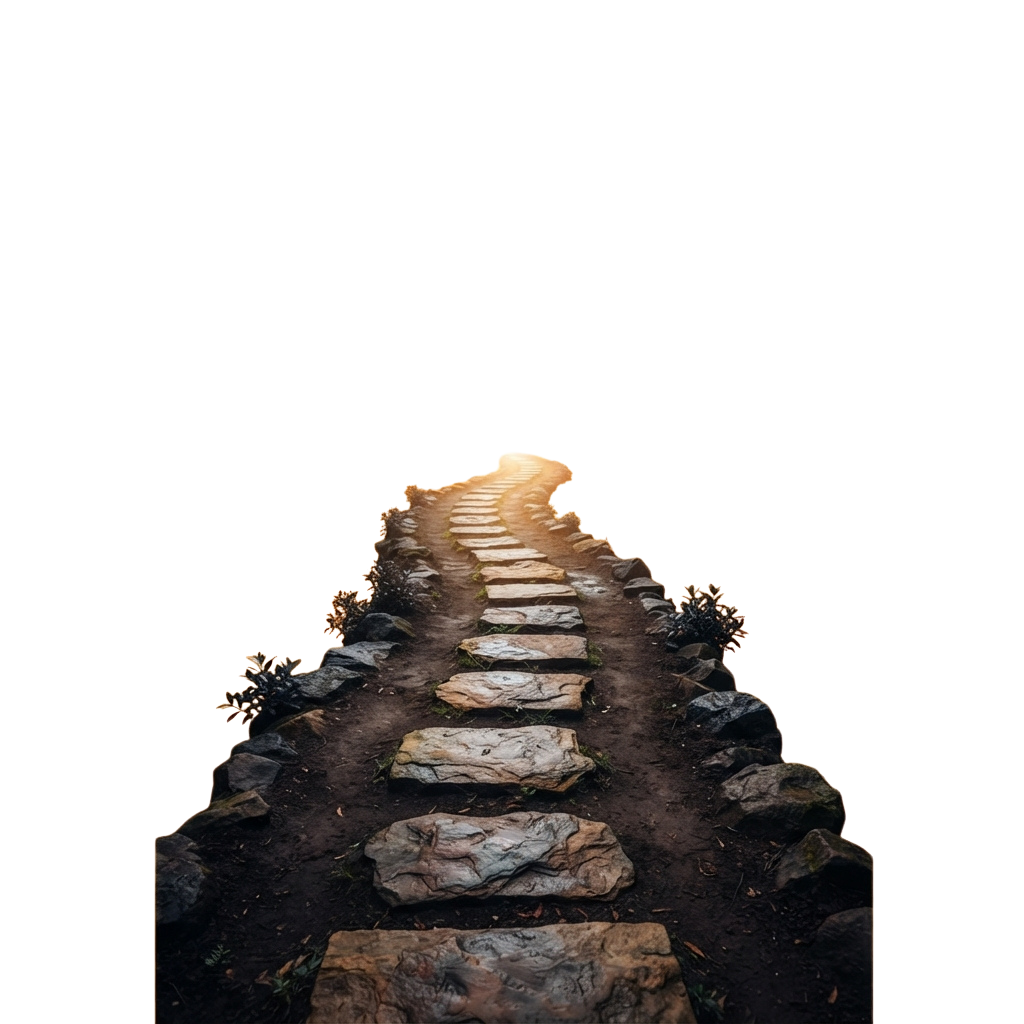 A dimly lit stone staircase with steps leading upward toward a glowing light source in a dark, rocky setting