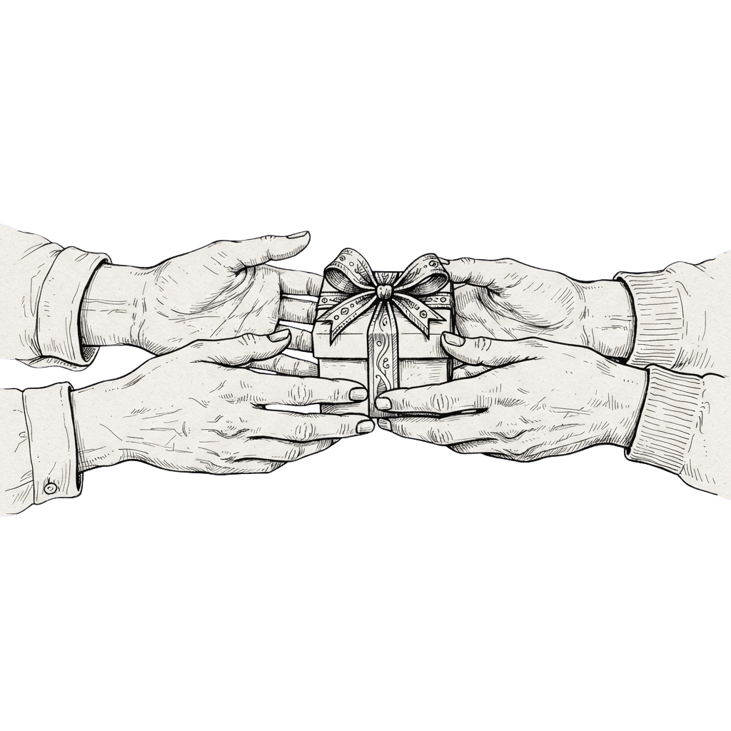 Two hands exchanging a small gift box tied with a decorative bow.
