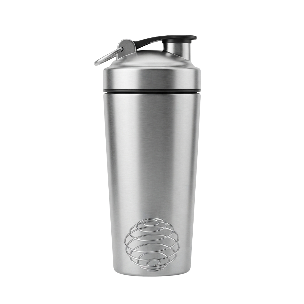 A metallic shaker bottle with a spout lid and a spiral mixing wire inside.