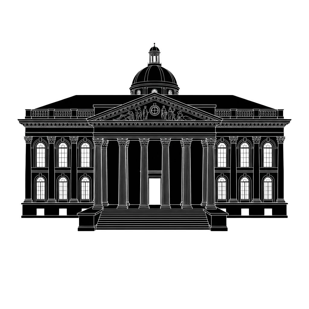 Line drawing of a grand neoclassical building featuring tall columns, a dome, and detailed architectural elements