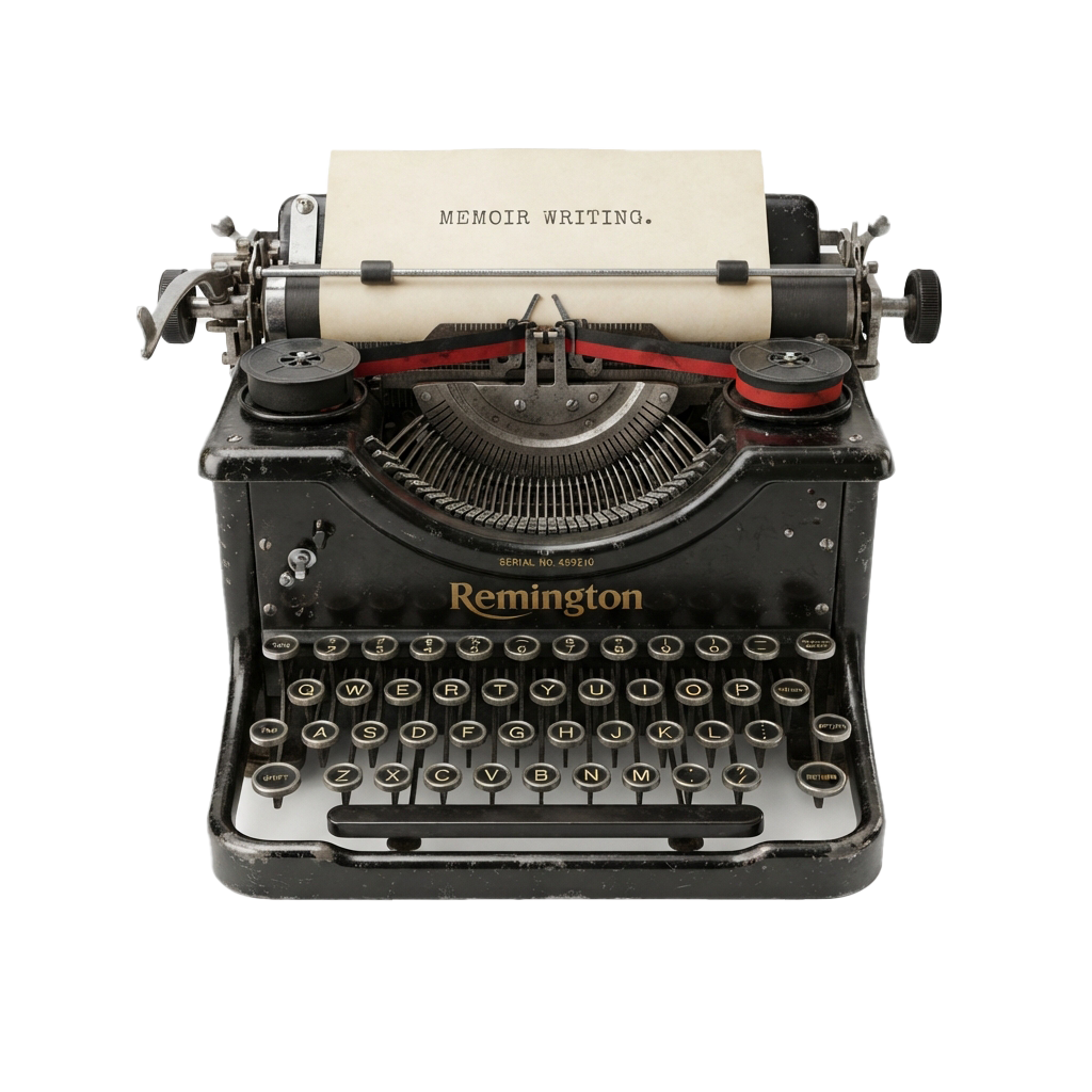 Black vintage typewriter with a sheet of paper displaying Memoir Writing text