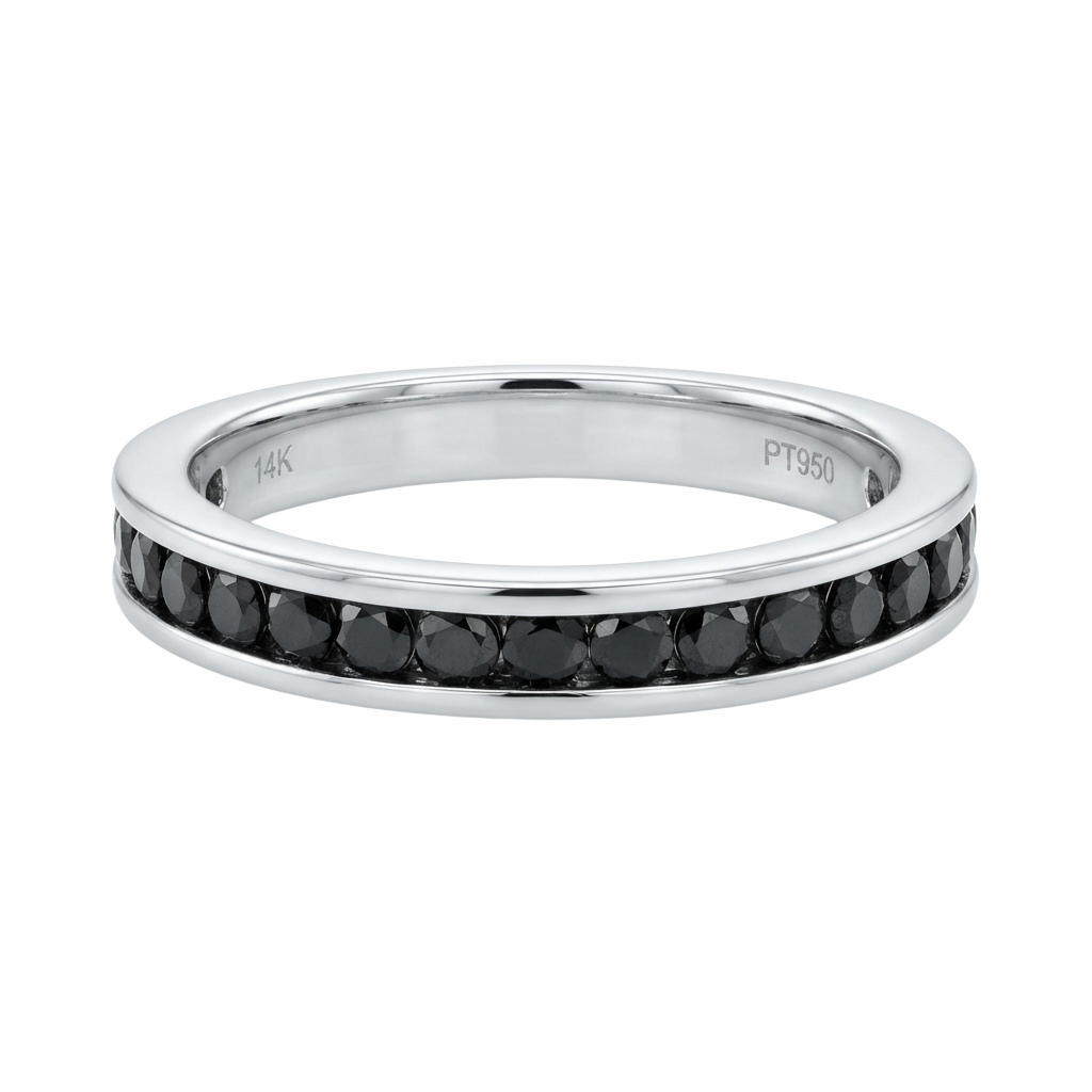 A thin 14-karat white gold ring featuring a row of black onyx gemstones along the inside band