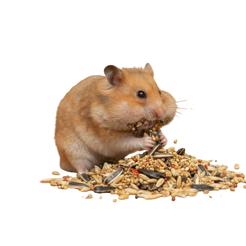 A golden hamster eating mixed seeds and bird feed on a black background