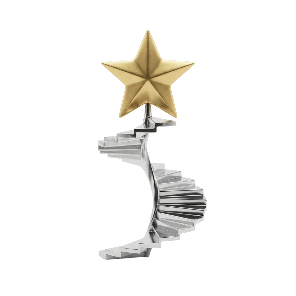 A golden star mounted on top of a white spiral staircase trophy against a black background