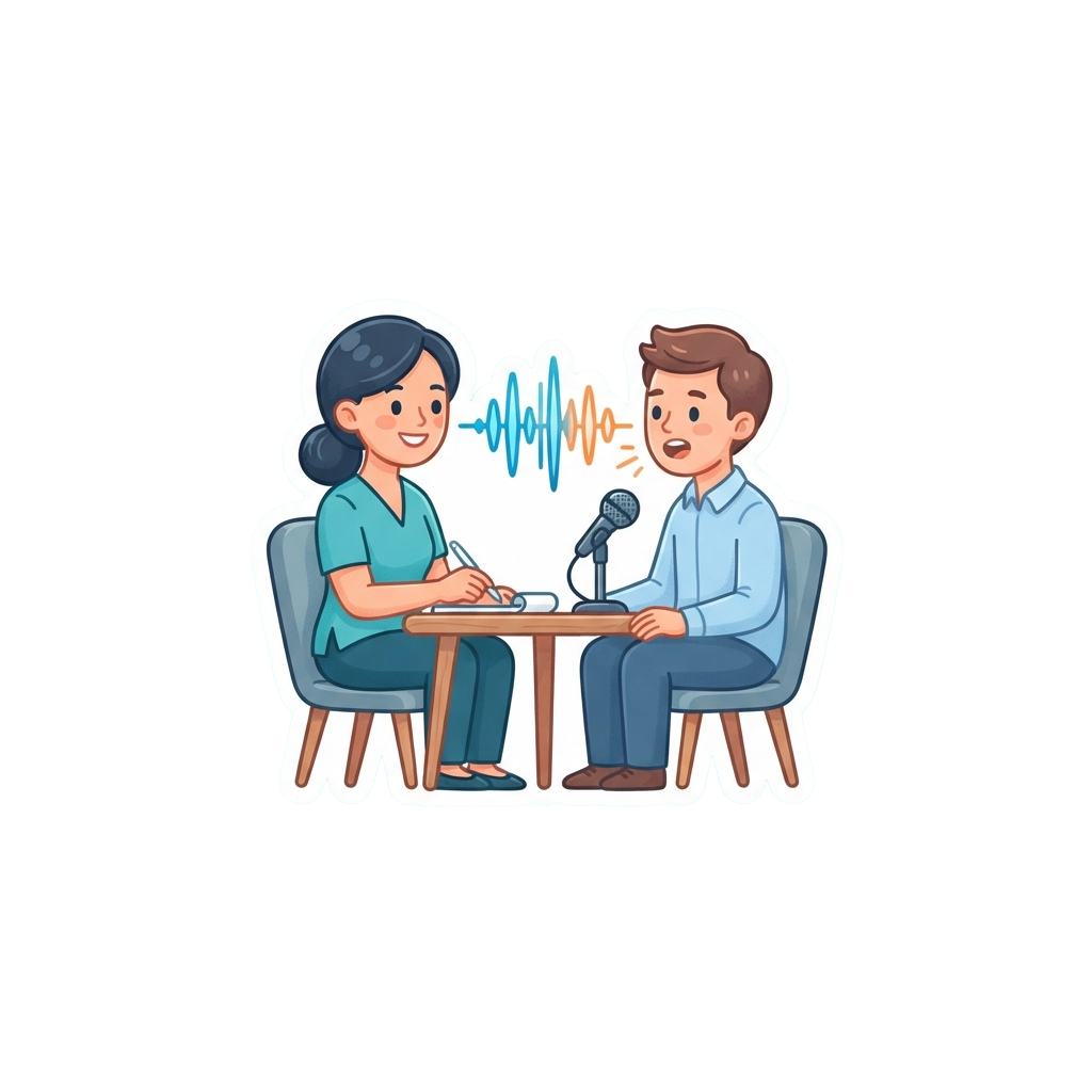Illustration of a person being interviewed with a microphone and another taking notes