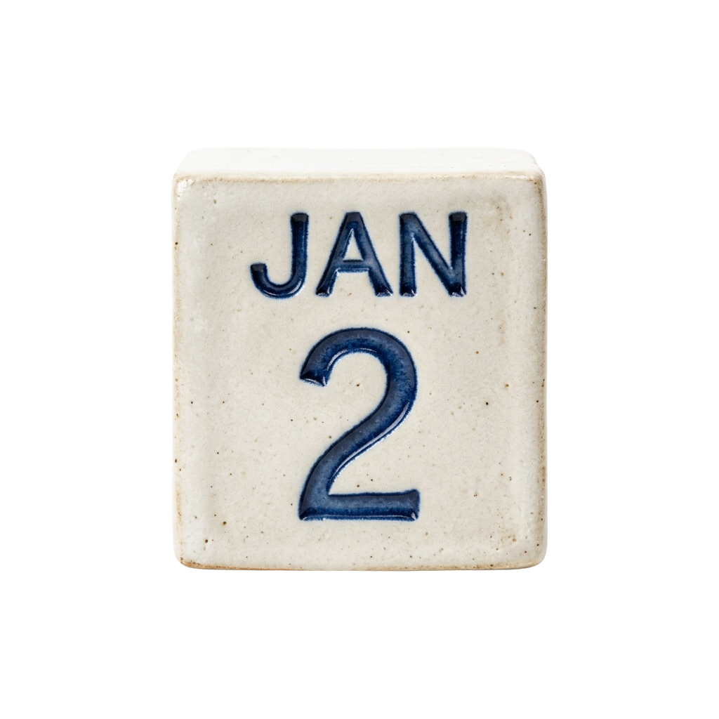Square ceramic tile displaying January 2 in blue text on a light background