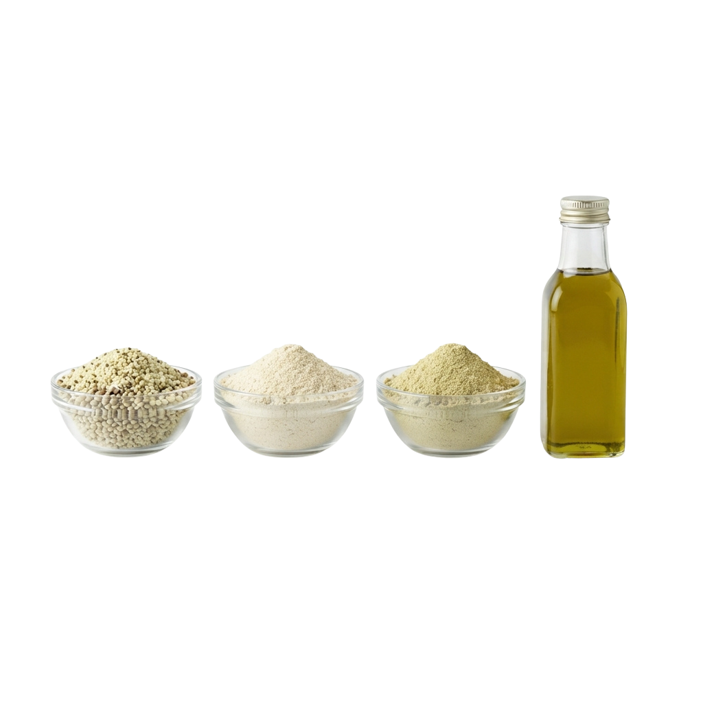 Three bowls containing sesame seeds, flour, and powdered substance, alongside a bottle of oil.