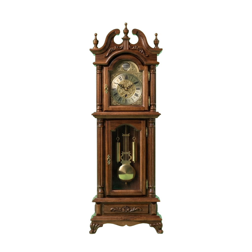 An ornate wooden grandfather clock with a visible pendulum and clock face showing Roman numerals