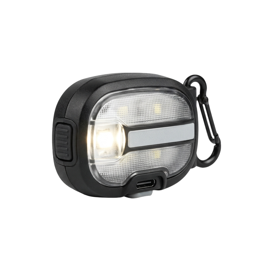 Small black clip-on headlamp with two bright LED lights and a carabiner attachment
