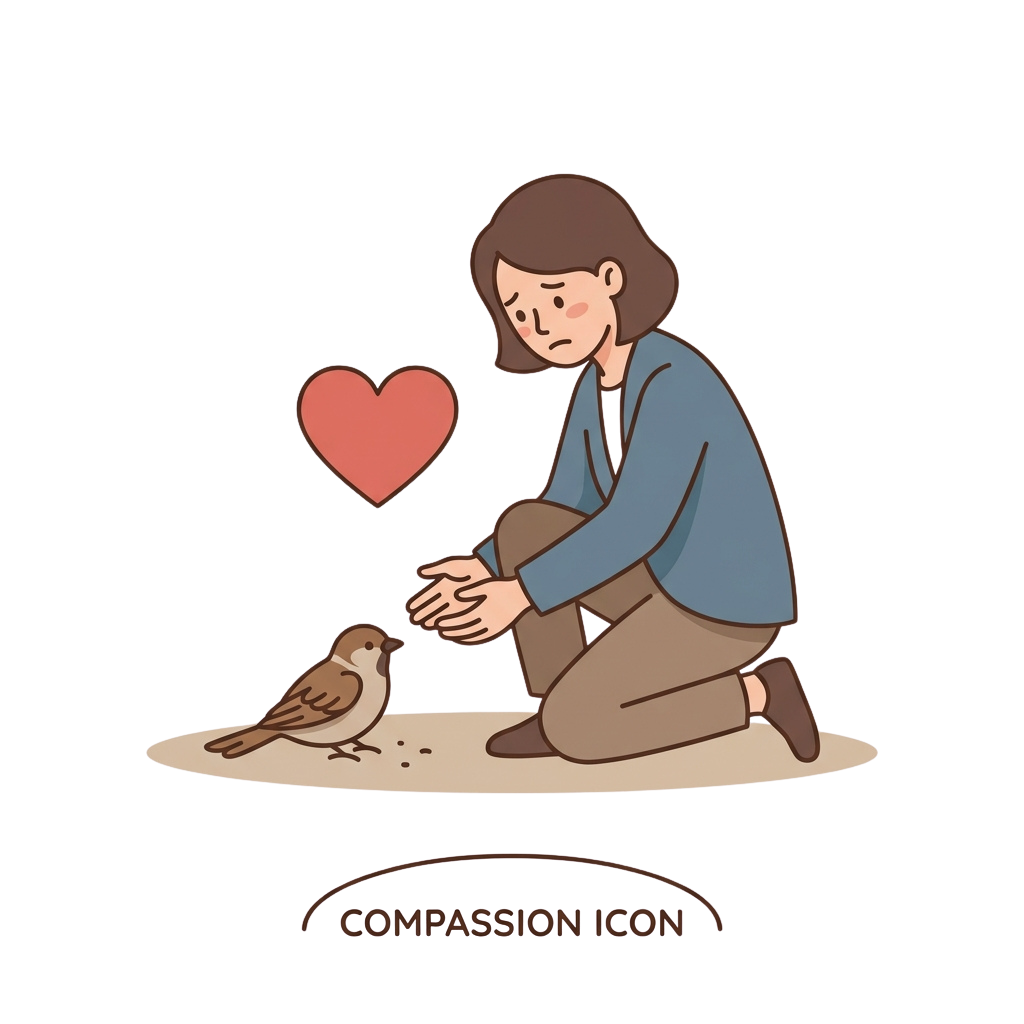 Person kneeling and gently holding out hands to a small bird with a red heart floating nearby