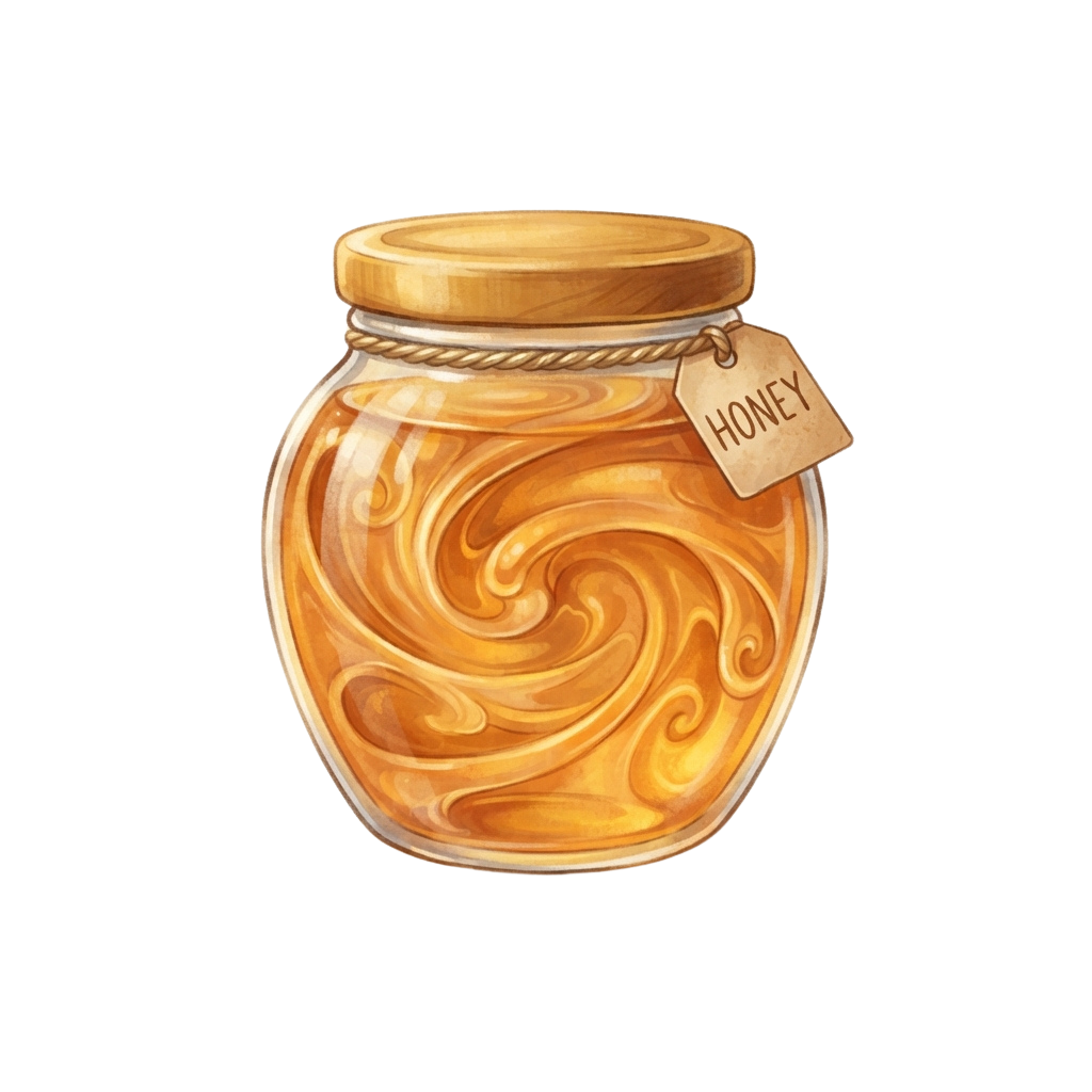 A glass jar filled with golden honey, topped with a wooden lid and a honey label attached by twine
