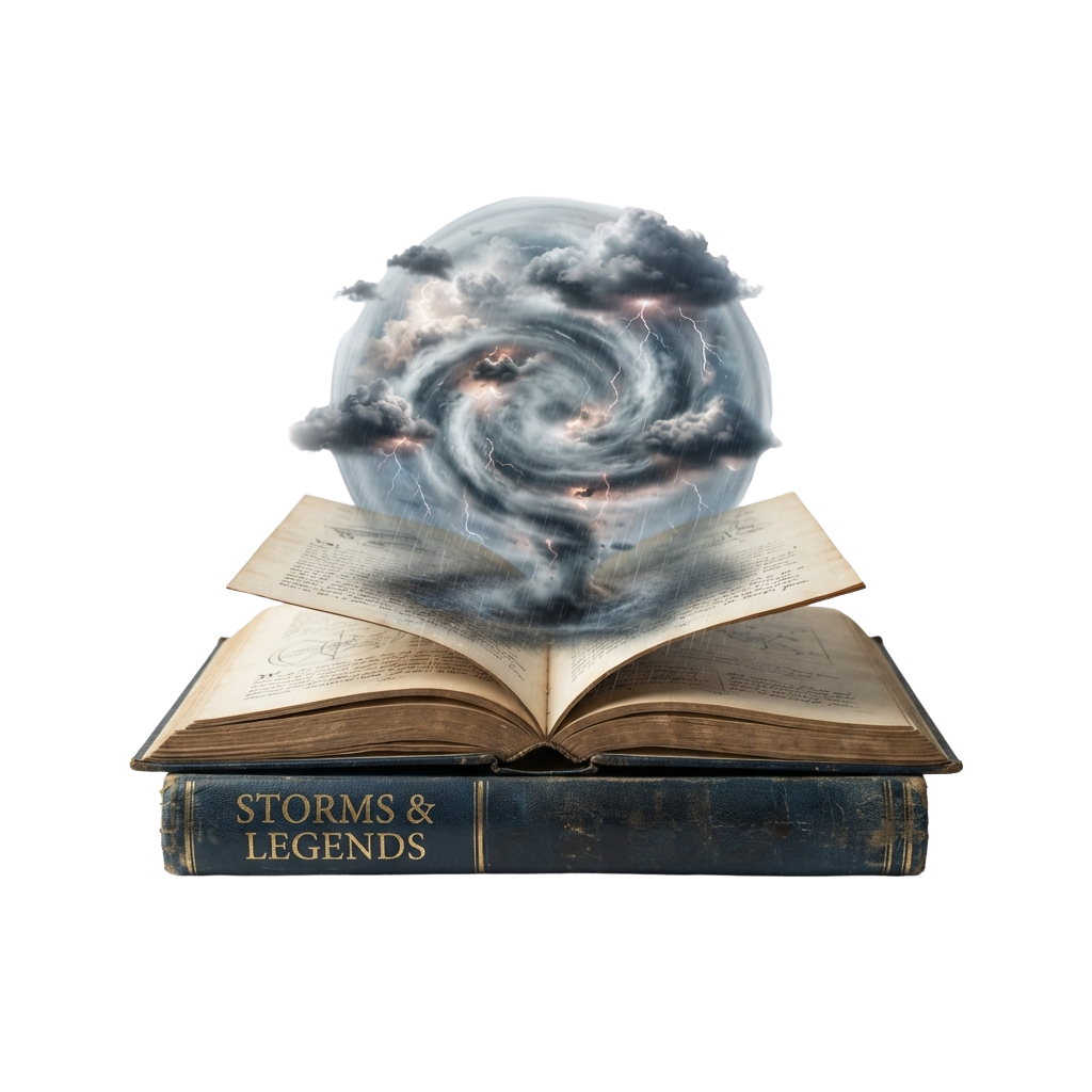 An open book titled Storms and Legends with a swirling storm cloud rising from its pages.