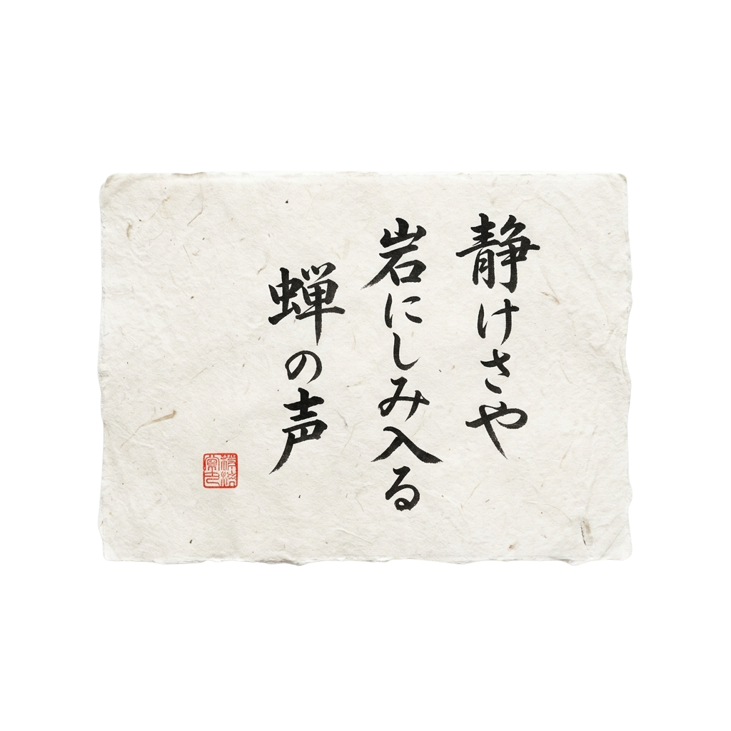 A piece of light-colored paper featuring traditional Japanese calligraphy with a red seal in the corner