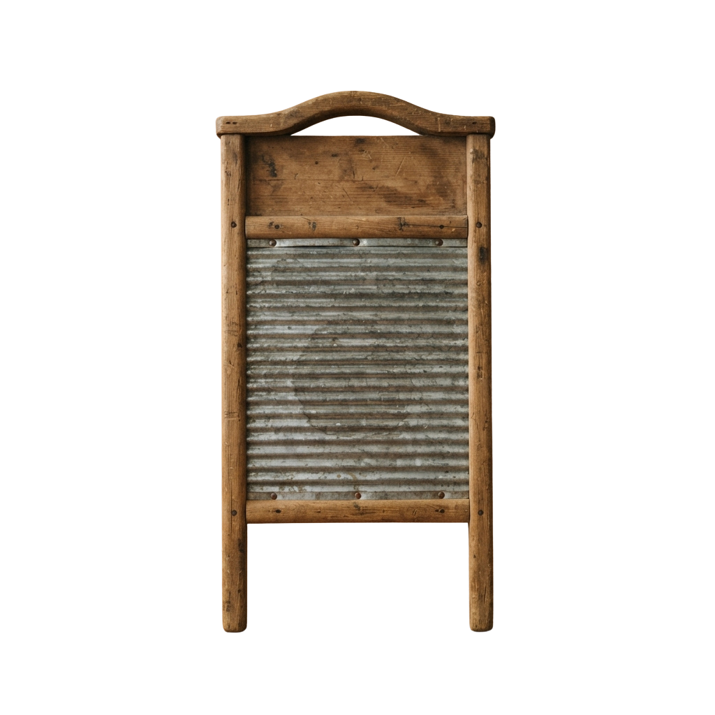 A rustic wooden washboard with a corrugated metal center and two vertical wooden handles
