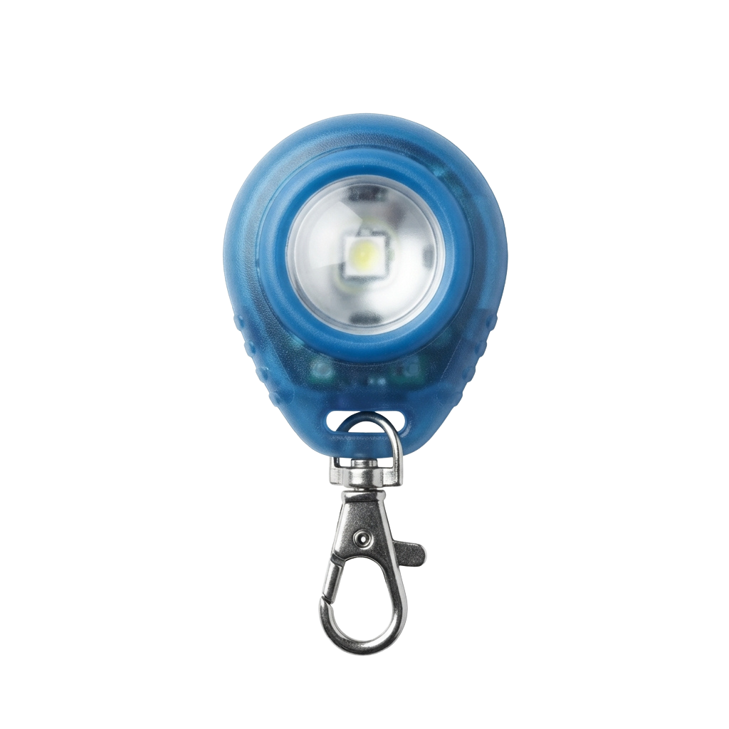 A small blue keychain flashlight with a bright LED light turned on and a metal carabiner attachment.