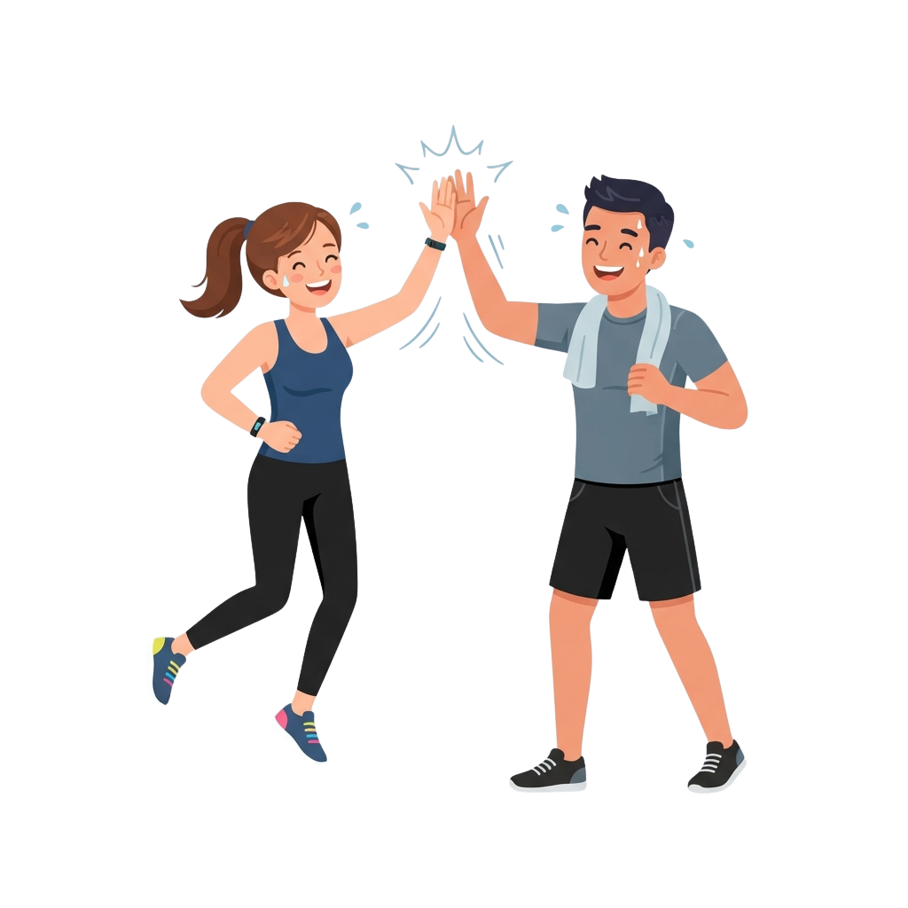 Two people high-fiving while smiling, dressed in athletic clothing, celebrating an accomplishment.