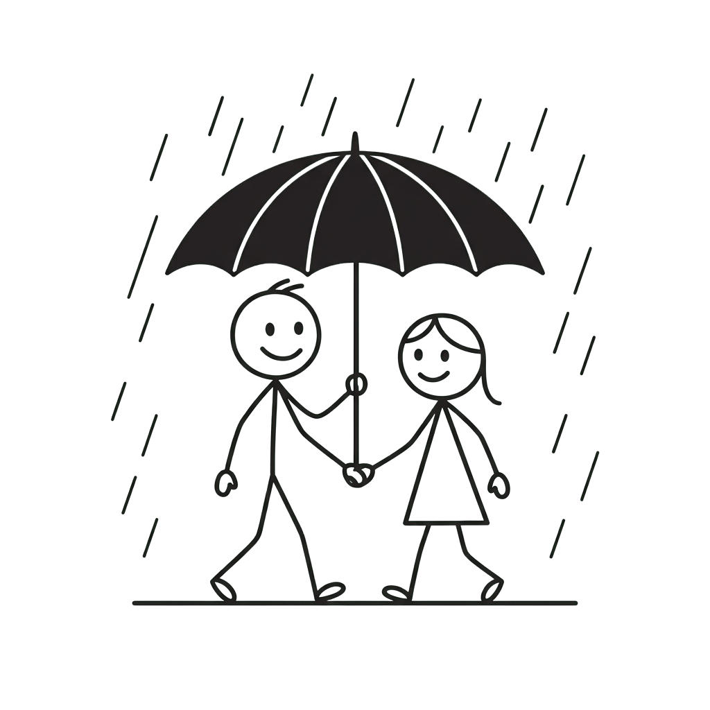 Two stick figure children holding hands under a large umbrella in the rain