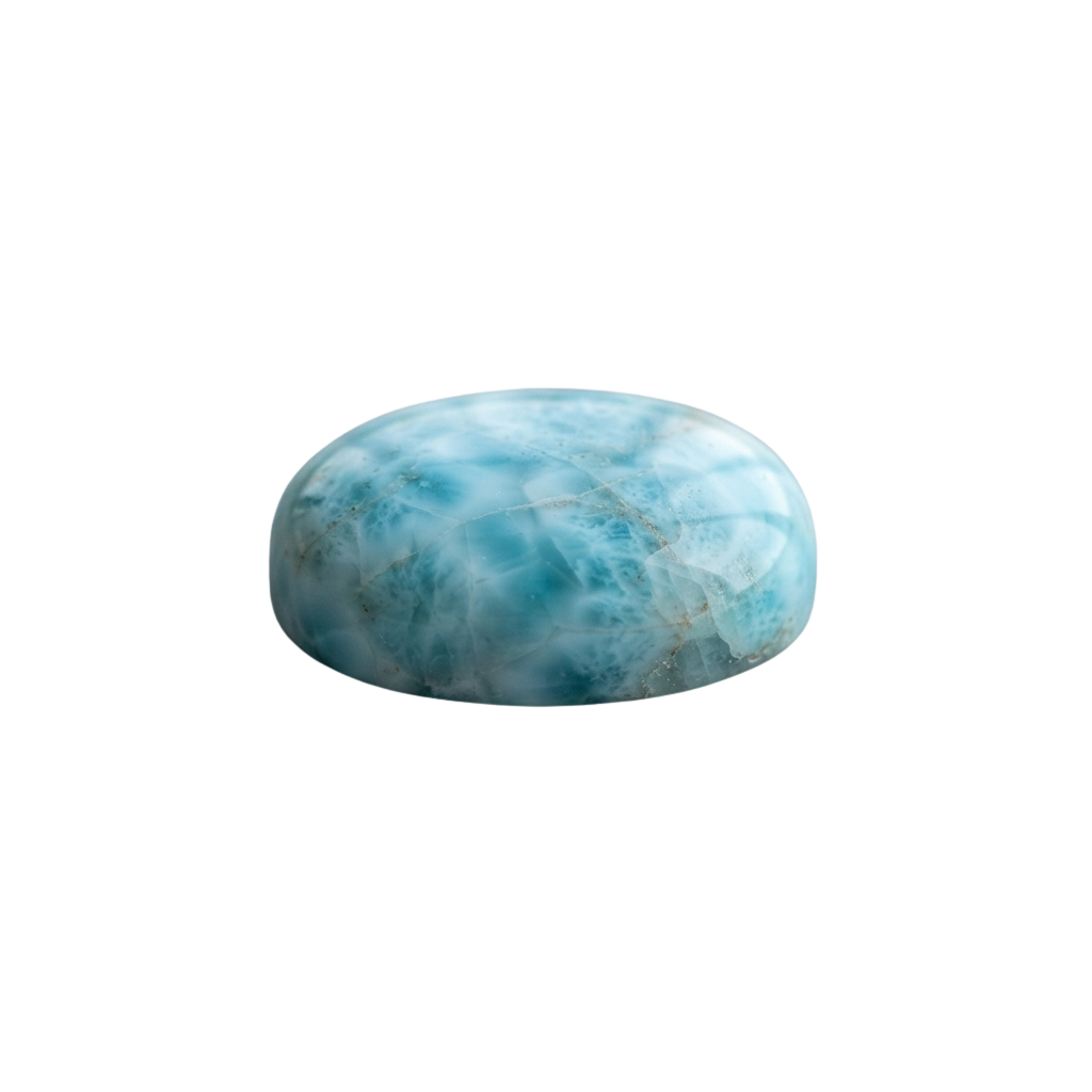 Oval-shaped blue larimar gemstone with swirling patterns against a black background
