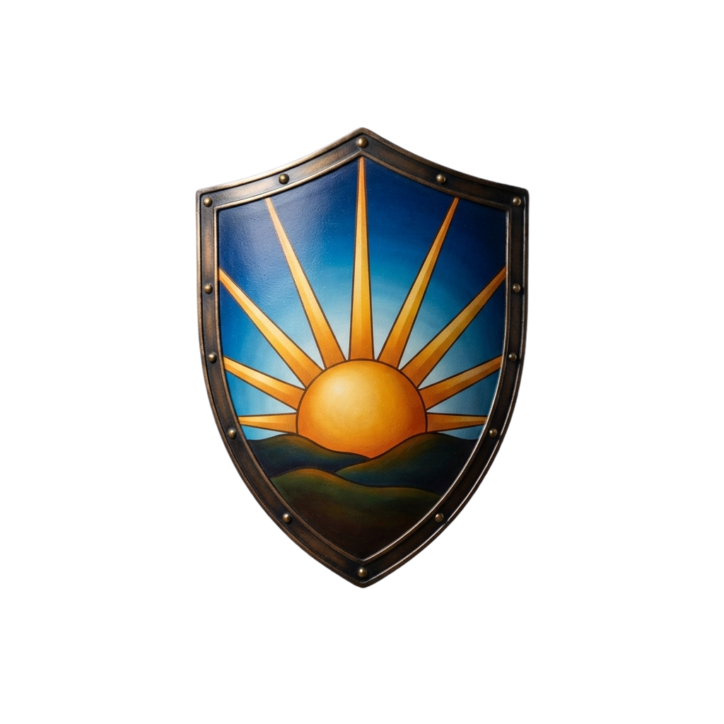 A shield displaying a sunrise with rays over a silhouette of hills