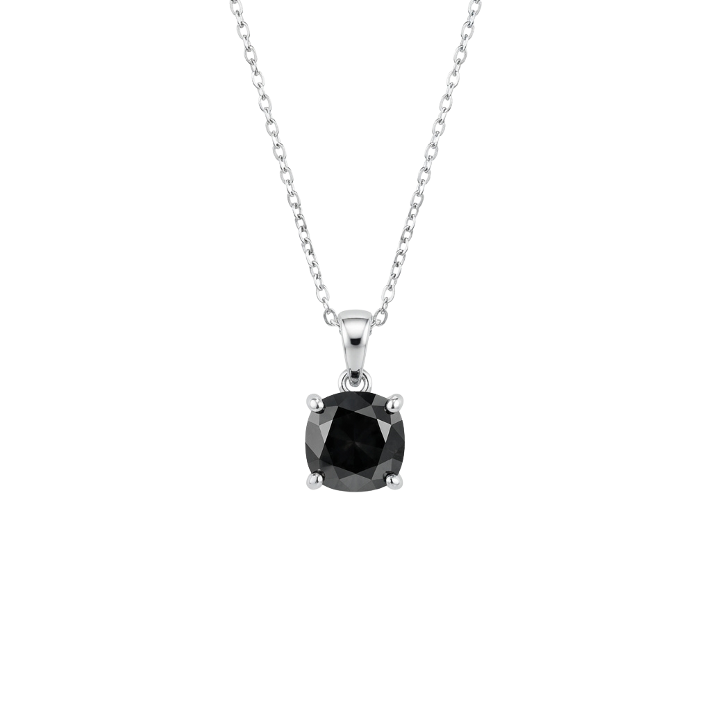 A silver chain necklace with a square-cut black gemstone pendant set in a prong setting.