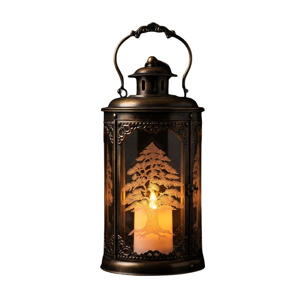 A decorative lantern with a tree silhouette inside, lit by candlelight.