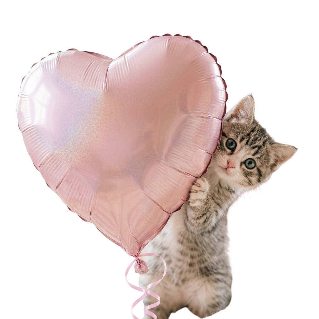 A small kitten holding a large pink heart-shaped balloon with a ribbon.
