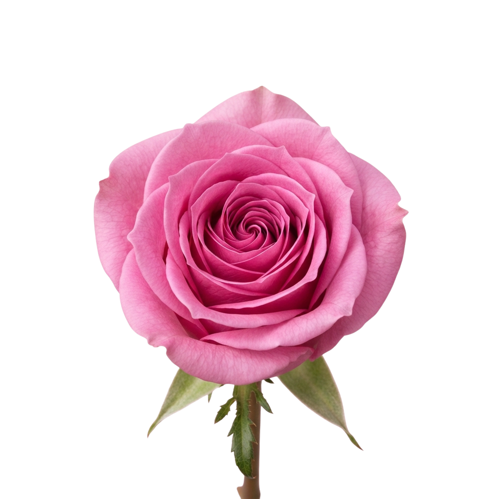 A close-up image of a fully bloomed pink rose with vibrant petals and green stem