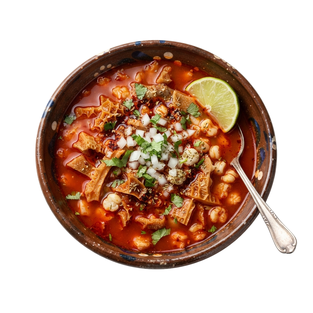 Bowl of spicy chicken tortilla soup topped with tortilla strips, white cheese, cilantro, and lime wedge