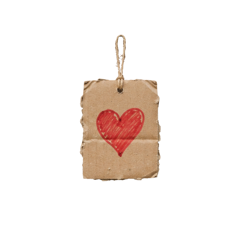 A brown paper tag with a red heart drawing and frayed edges hanging from twine string