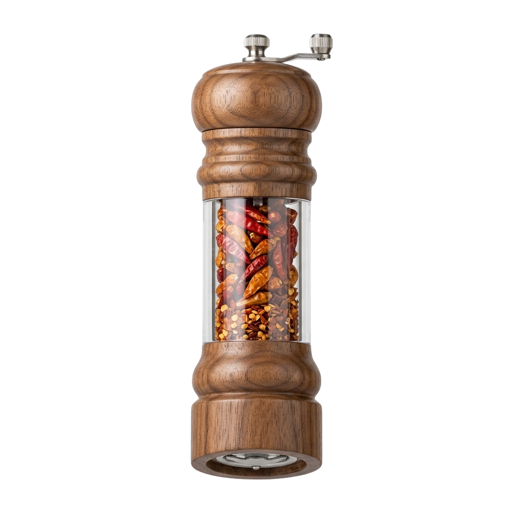 A wooden pepper grinder filled with visible red and brown spices