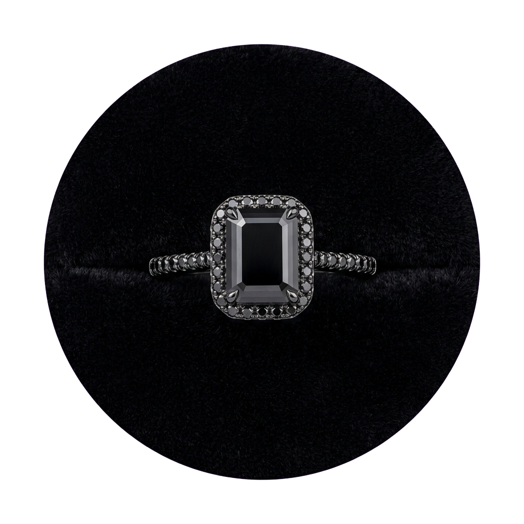 A ring featuring a black diamond center stone surrounded by smaller black diamonds in a gold band